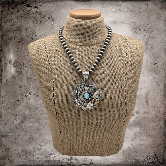 PATRICIA YAZZIE Navajo Sterling Golden Hills Turquoise Flower Pendant Bumblebee - Picture 3 of 3